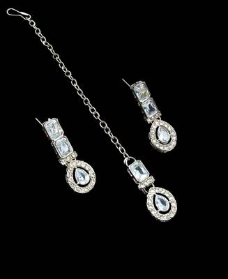 White color necklace set with earrings & maang tikka | agate stone | rhodium plated 3