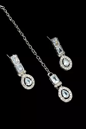 White color necklace set with earrings & maang tikka | agate stone | rhodium plated