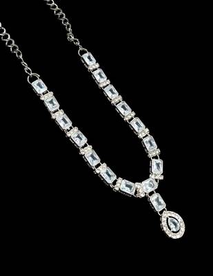 White color necklace set with earrings & maang tikka | agate stone | rhodium plated 4