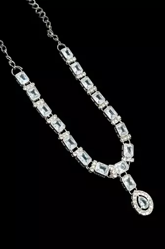 White color necklace set with earrings & maang tikka | agate stone | rhodium plated