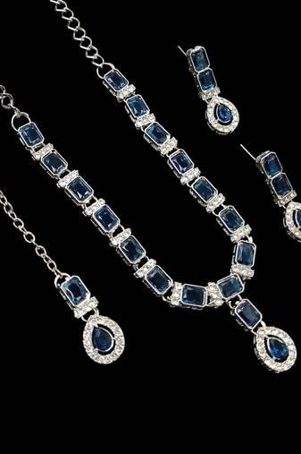 Blue color necklace set with earrings & maang tikka | agate stone | rhodium plated