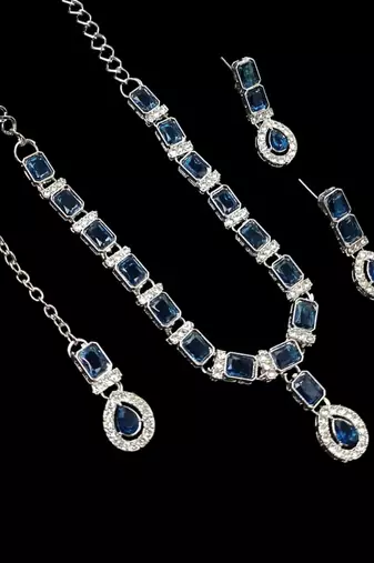 Blue color necklace set with earrings & maang tikka | agate stone | rhodium plated
