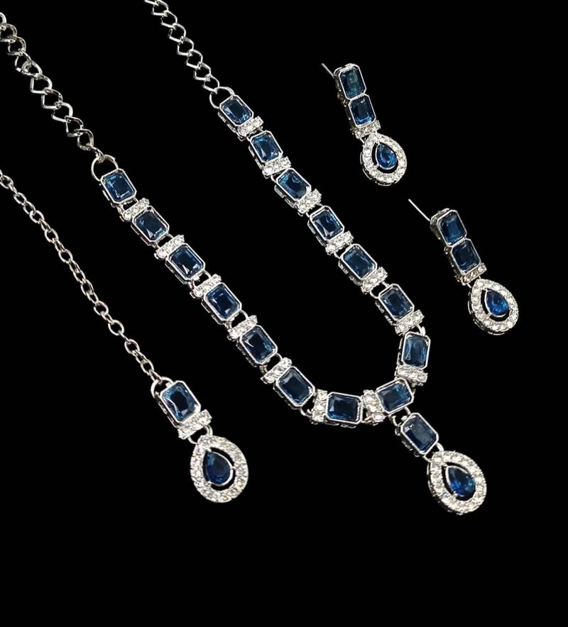 Blue color necklace set with earrings & maang tikka | agate stone | rhodium plated