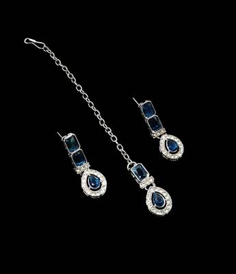 Blue color necklace set with earrings & maang tikka | agate stone | rhodium plated 3