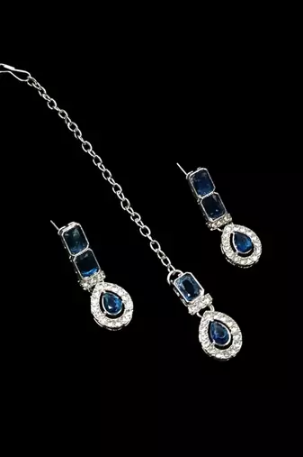 Blue color necklace set with earrings & maang tikka | agate stone | rhodium plated