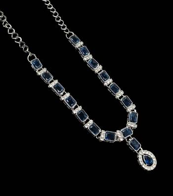 Blue color necklace set with earrings & maang tikka | agate stone | rhodium plated 4