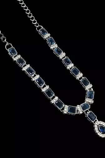 Blue color necklace set with earrings & maang tikka | agate stone | rhodium plated