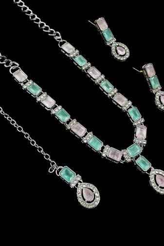 Pink & pista color necklace set with earrings & maang tikka | agate stone | rhodium plated