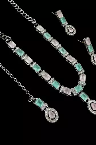 Pink & pista color necklace set with earrings & maang tikka | agate stone | rhodium plated