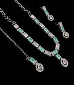 Pink & pista color necklace set with earrings & maang tikka | agate stone | rhodium plated