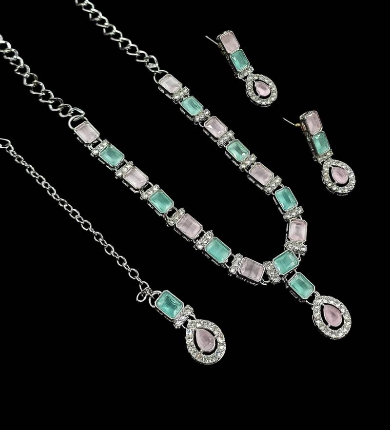 Pink & pista color necklace set with earrings & maang tikka | agate stone | rhodium plated