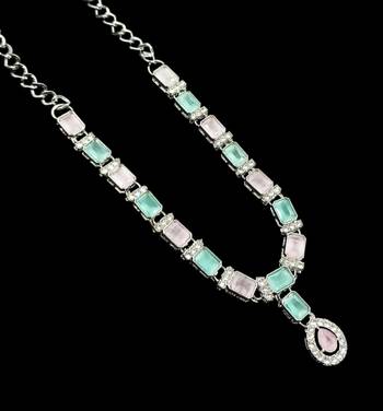 Pink & pista color necklace set with earrings & maang tikka | agate stone | rhodium plated 3