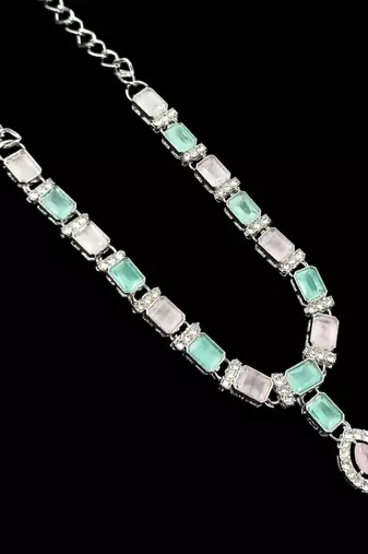 Pink & pista color necklace set with earrings & maang tikka | agate stone | rhodium plated