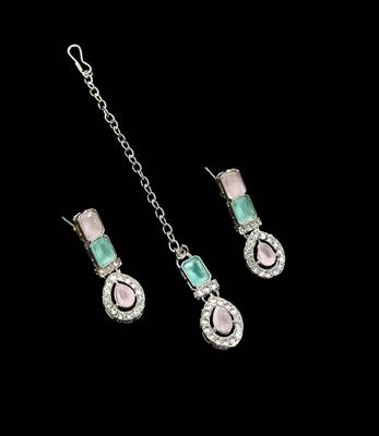 Pink & pista color necklace set with earrings & maang tikka | agate stone | rhodium plated 4