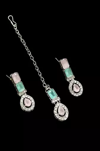 Pink & pista color necklace set with earrings & maang tikka | agate stone | rhodium plated
