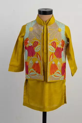 Mustard yellow embroidered silk kurta jacket set