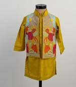 Mustard yellow embroidered silk kurta jacket set