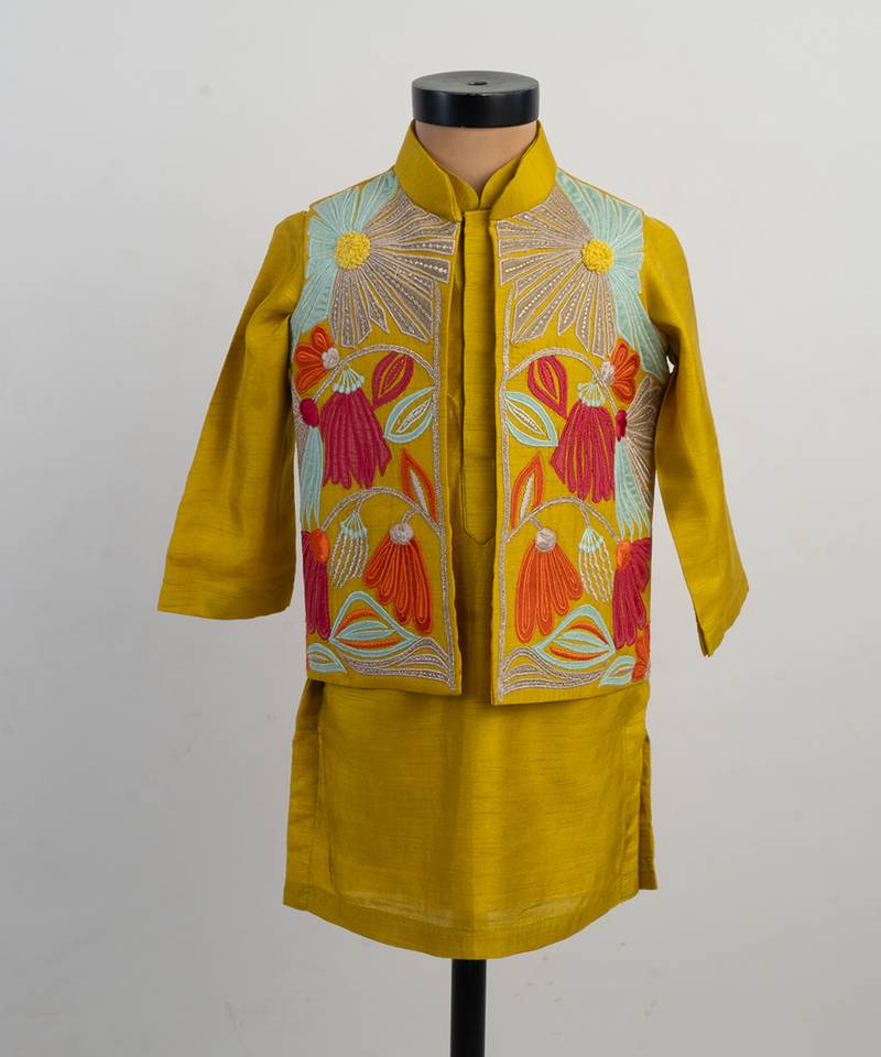 Mustard yellow embroidered silk kurta jacket set