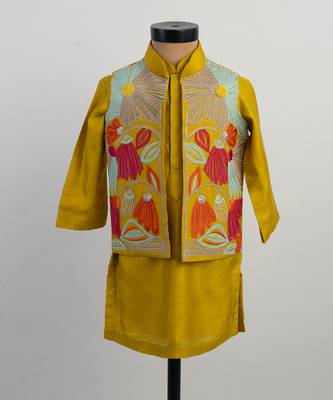 Mustard yellow embroidered silk kurta jacket set 2