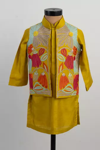 Mustard yellow embroidered silk kurta jacket set
