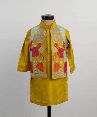 Mustard yellow embroidered silk kurta jacket set 3