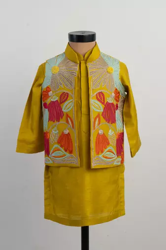 Mustard yellow embroidered silk kurta jacket set