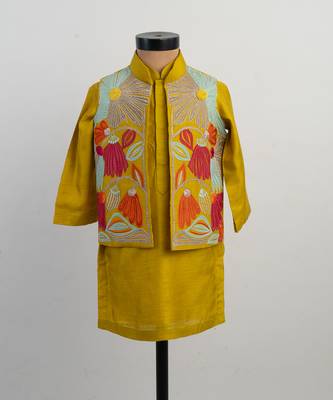 Mustard yellow embroidered silk kurta jacket set 4