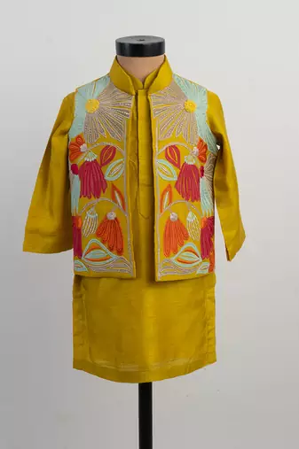 Mustard yellow embroidered silk kurta jacket set