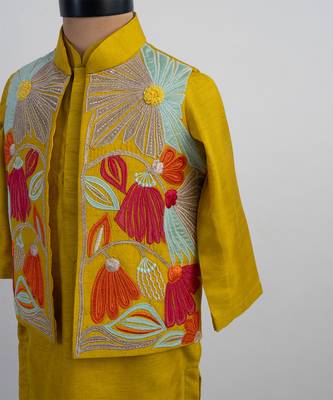 Mustard yellow embroidered silk kurta jacket set 5