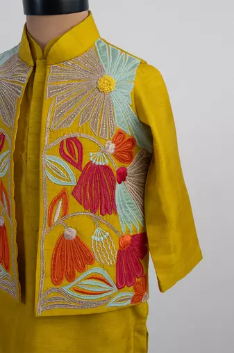 Mustard yellow embroidered silk kurta jacket set