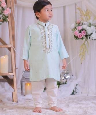 Blue hand embroidered silk kurta set 1