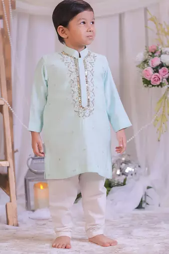 Blue hand embroidered silk kurta set