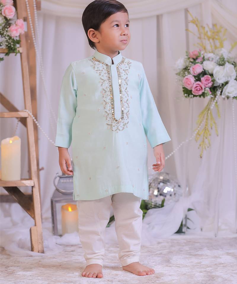 Blue hand embroidered silk kurta set
