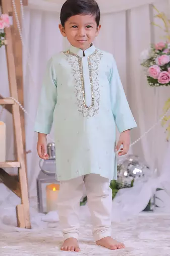 Blue hand embroidered silk kurta set