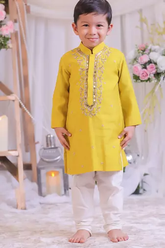 Yellow embroidered silk kurta set