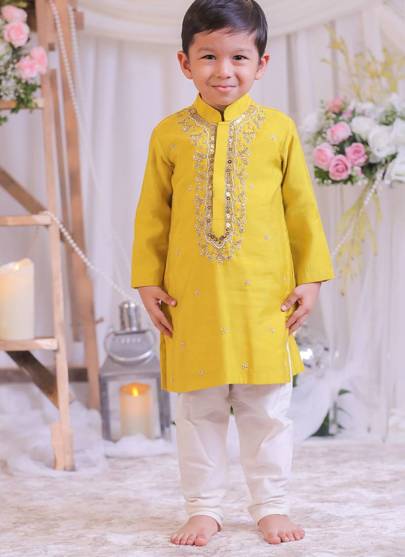 Yellow embroidered silk kurta set