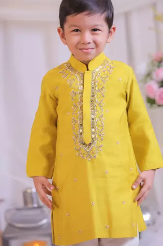Yellow embroidered silk kurta set