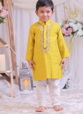 Yellow embroidered silk kurta set 3