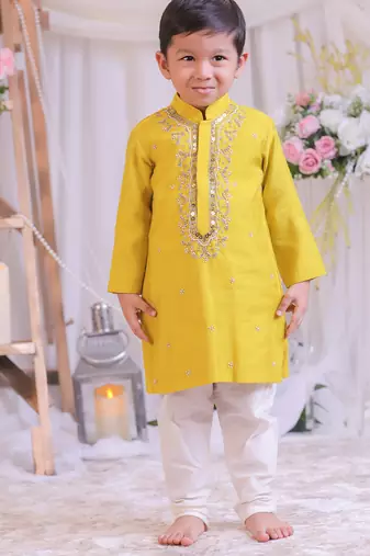 Yellow embroidered silk kurta set