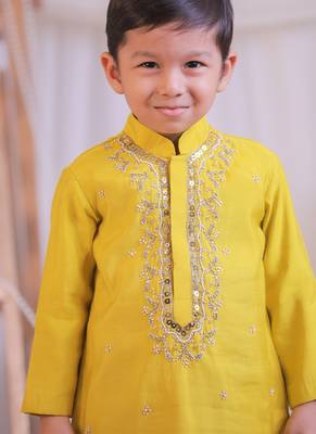 Yellow embroidered silk kurta set 5