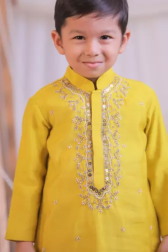 Yellow embroidered silk kurta set