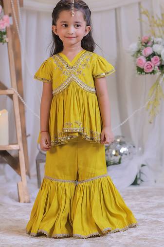 Mustard yellow embroidered silk sharara set