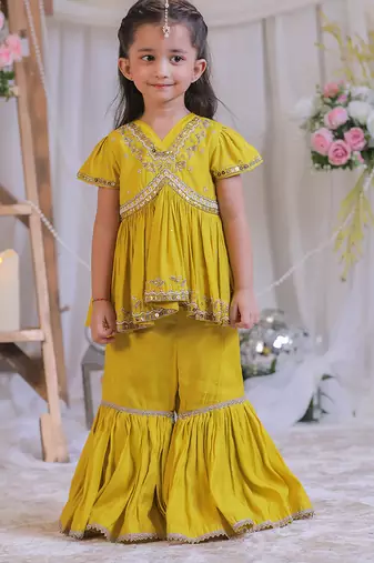 Mustard yellow embroidered silk sharara set