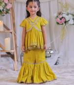 Mustard yellow embroidered silk sharara set
