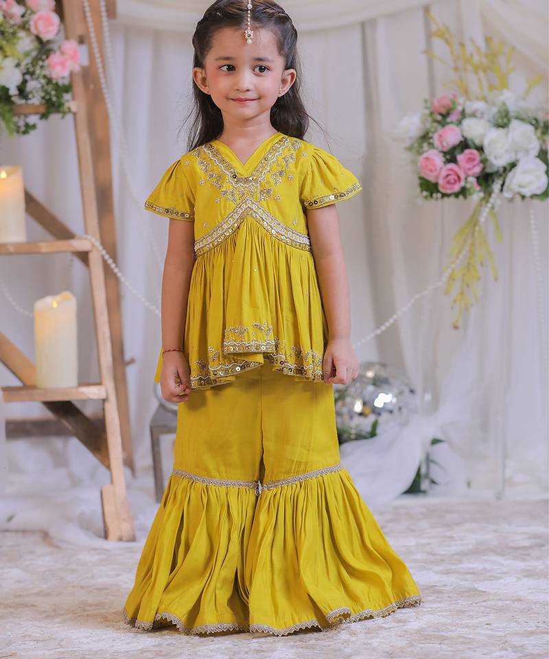 Mustard yellow embroidered silk sharara set