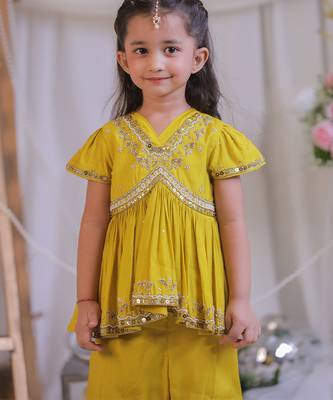 Mustard yellow embroidered silk sharara set 2