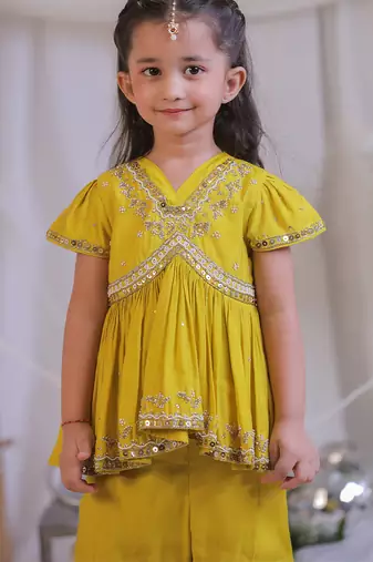 Mustard yellow embroidered silk sharara set