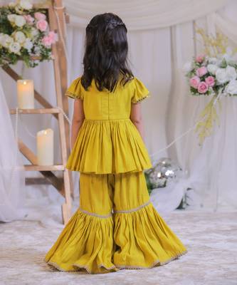 Mustard yellow embroidered silk sharara set 3