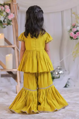 Mustard yellow embroidered silk sharara set
