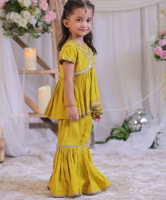 Mustard yellow embroidered silk sharara set 4
